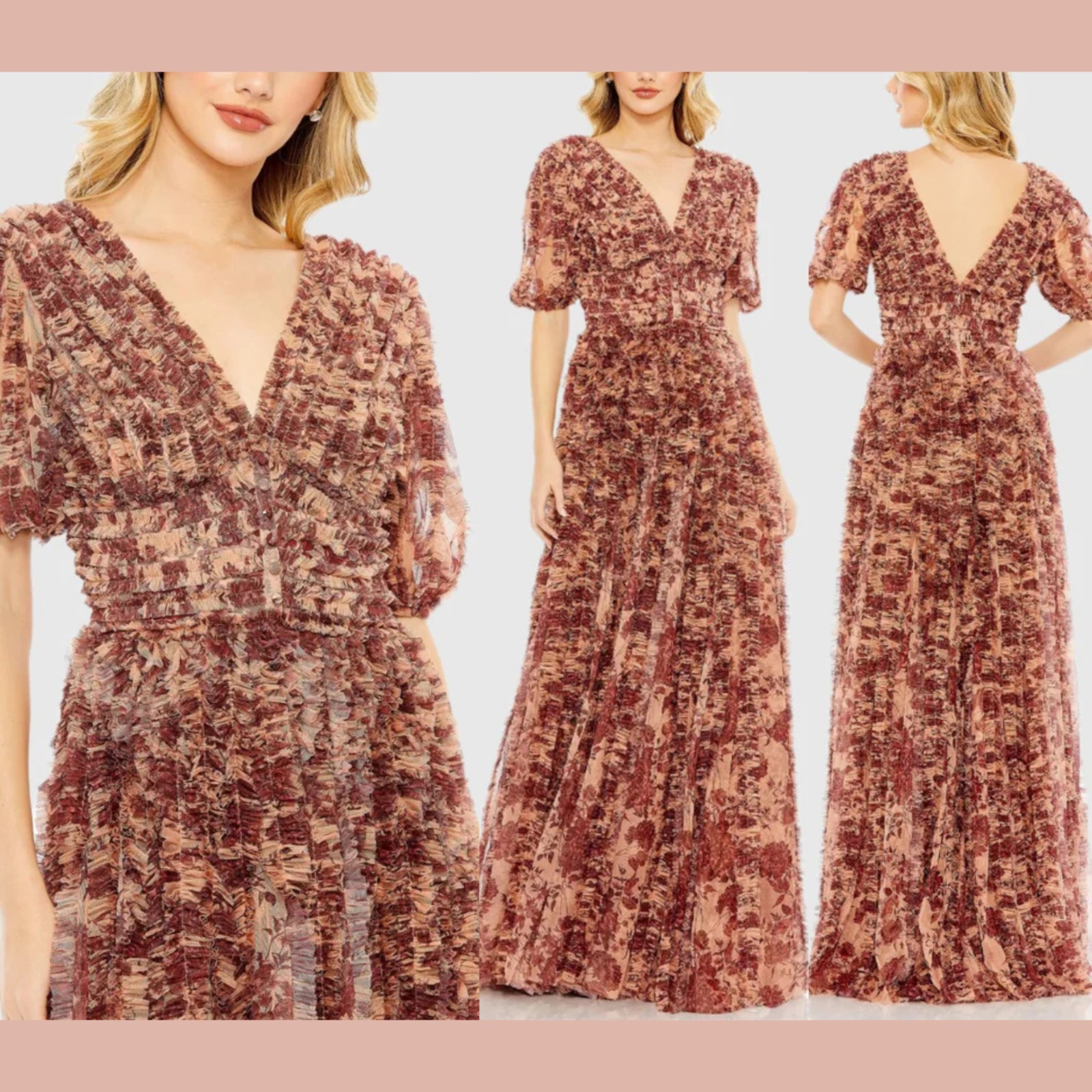 Nwt Mac Duggal [ 18 ] 8013 Mesh V-Neck Floral Dress Gown In Beige Orange J2300